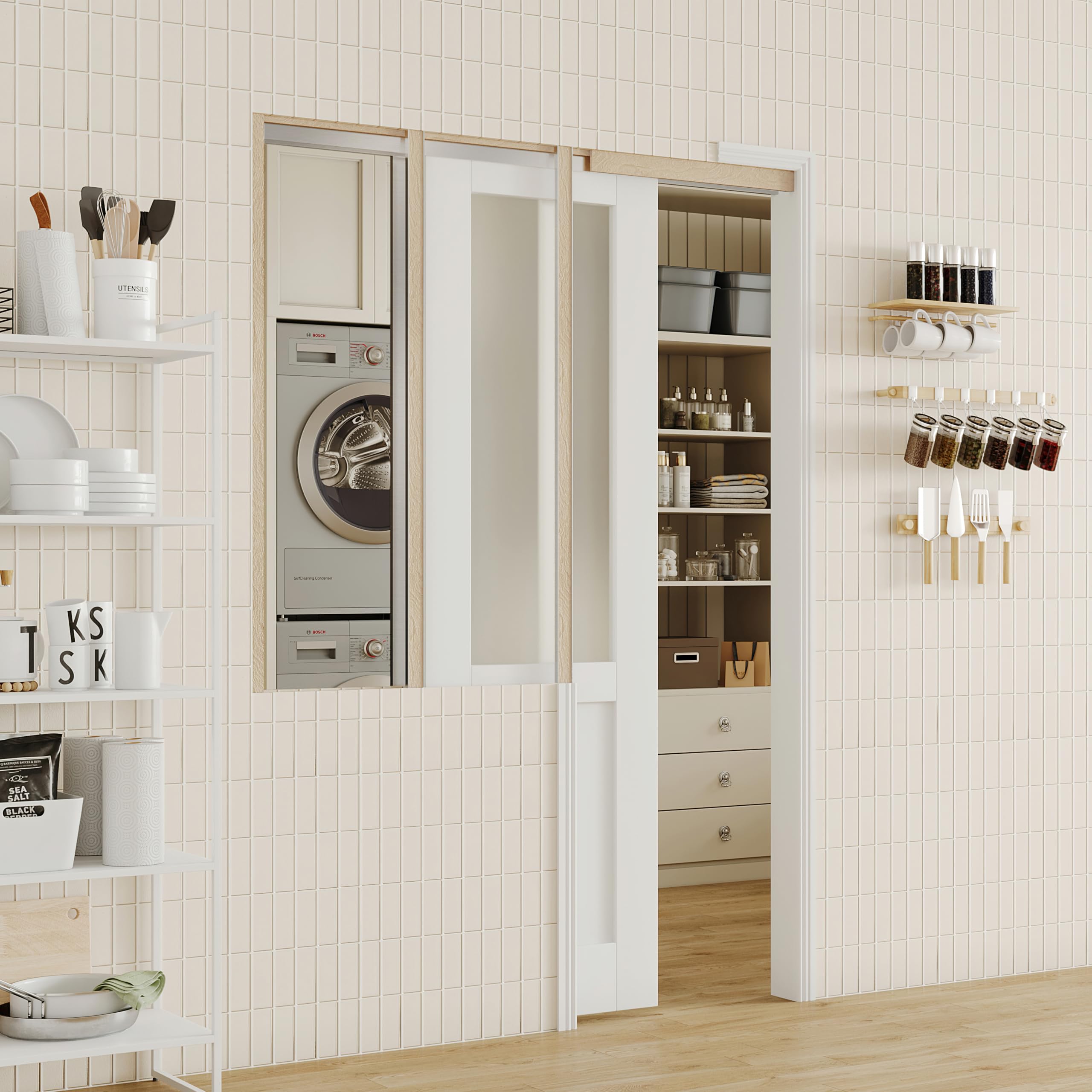 TENONER White Half Frosted Glass Half MDF Sliding Pocket Door with Hardware