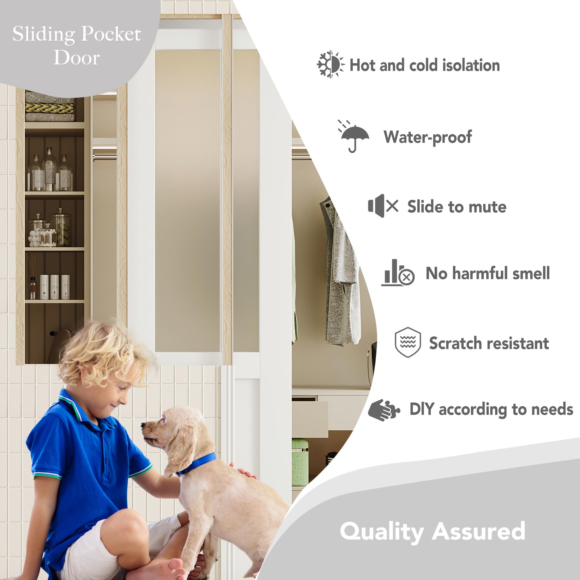 TENONER White Half Frosted Glass Half MDF Sliding Pocket Door with Hardware