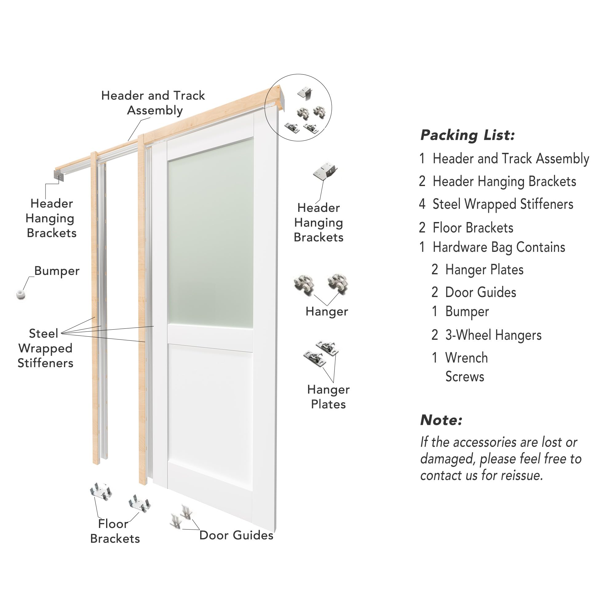 TENONER White Half Frosted Glass Half MDF Sliding Pocket Door with Hardware
