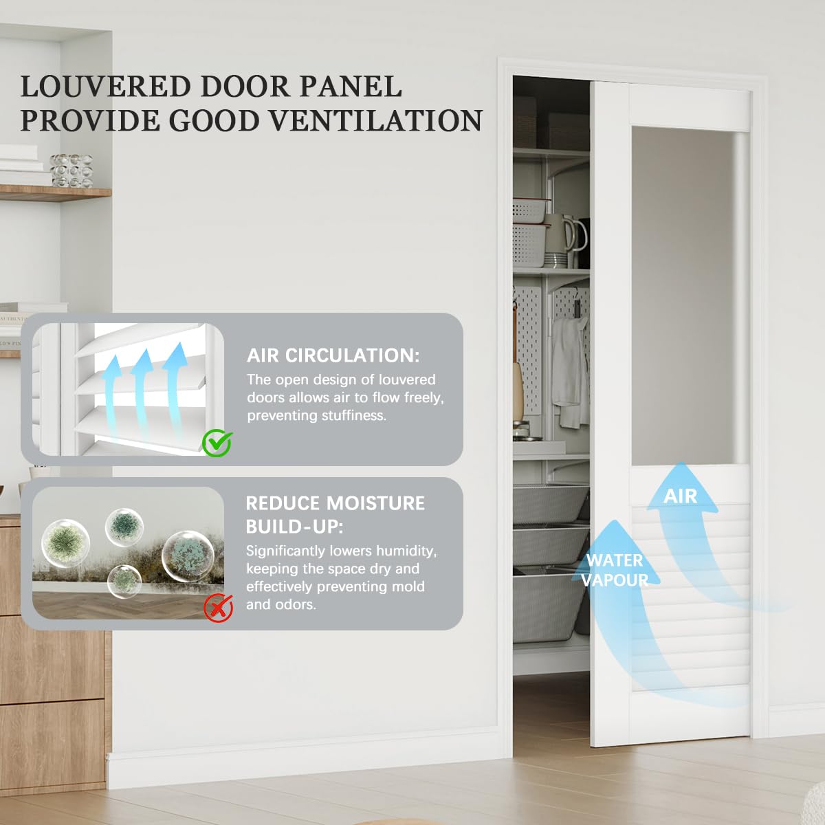 TENONER White Half Lite Frosted Glass and Half Louver Sliding Pocket Door with Hardware
