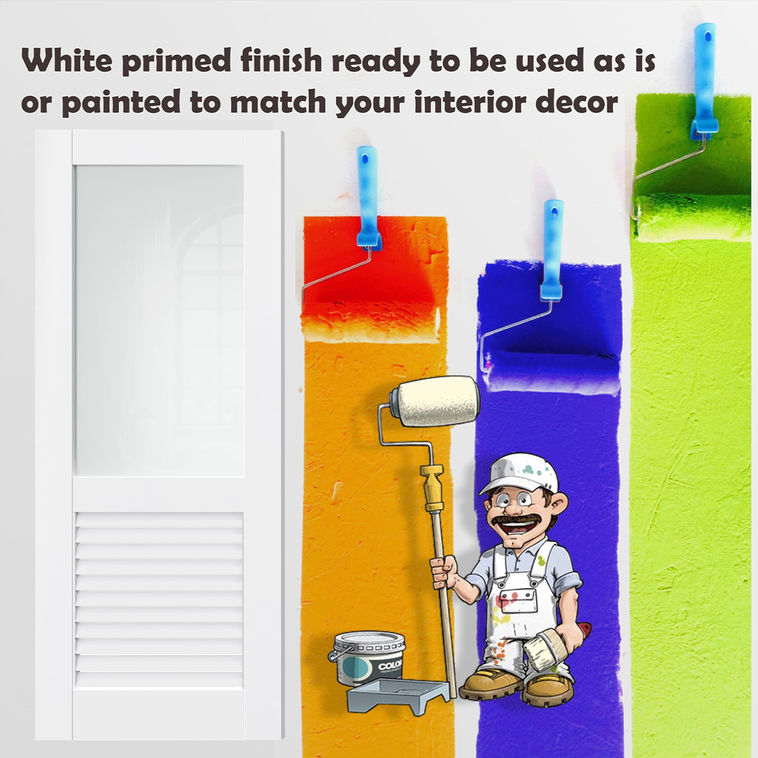 TENONER White Half Lite Frosted Glass and Half Louver Sliding Pocket Door with Hardware
