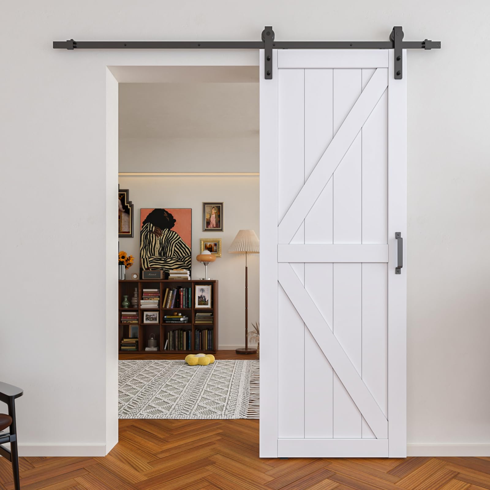 TENONER White K Design Solid Core MDF Wood & Primed Finished Sliding Barn Door