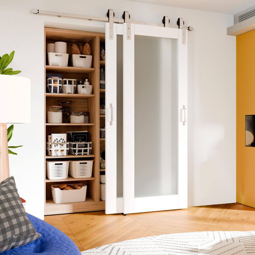TENONER White MDF 1-Lite Frosted Glass Double Bypass Barn Door for Bedroom, Living Room, Laundry