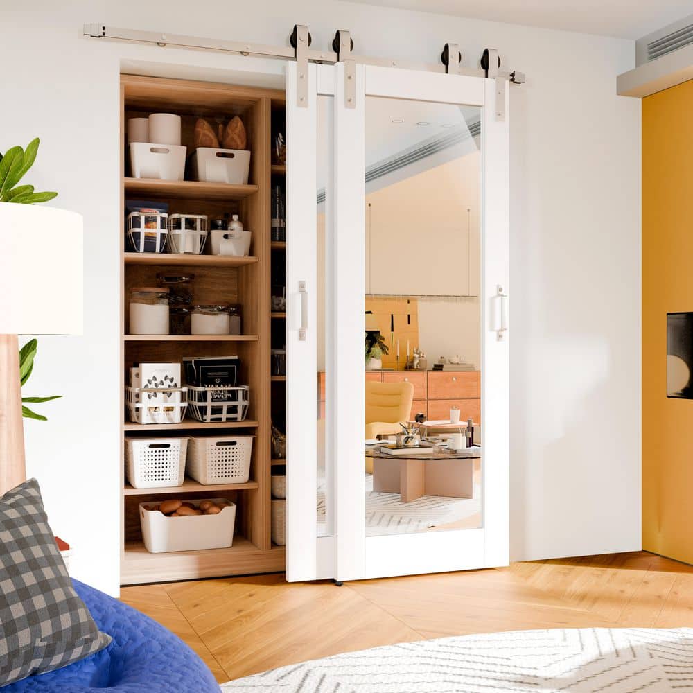 TENONER White MDF 1-Lite Mirror Glass Double Bypass Barn Door for Living Room, Bedroom, Laundry