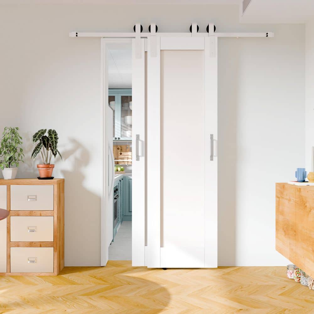 TENONER White MDF 1 Panel Double Bypass Barn Door for  Bedroom, Living Room,Laundry