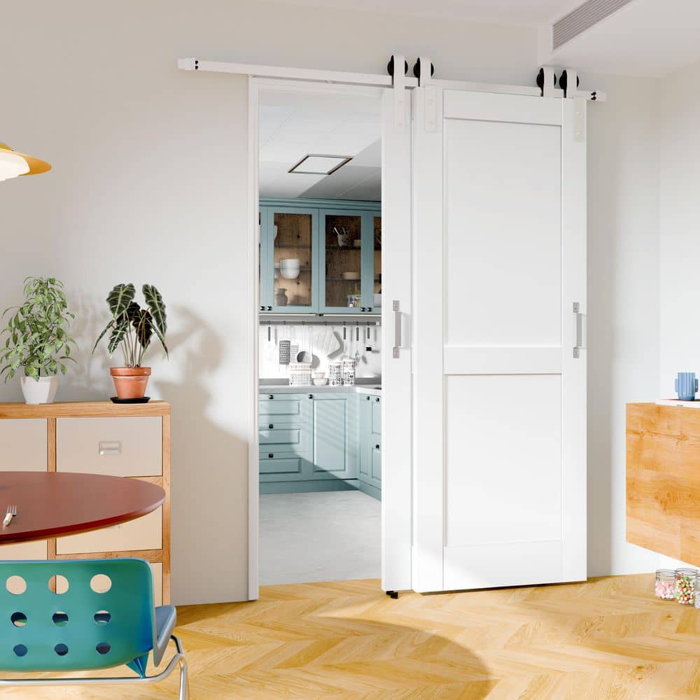TENONER White MDF 2 Panel Double Bypass Barn Door (DIY Painted)