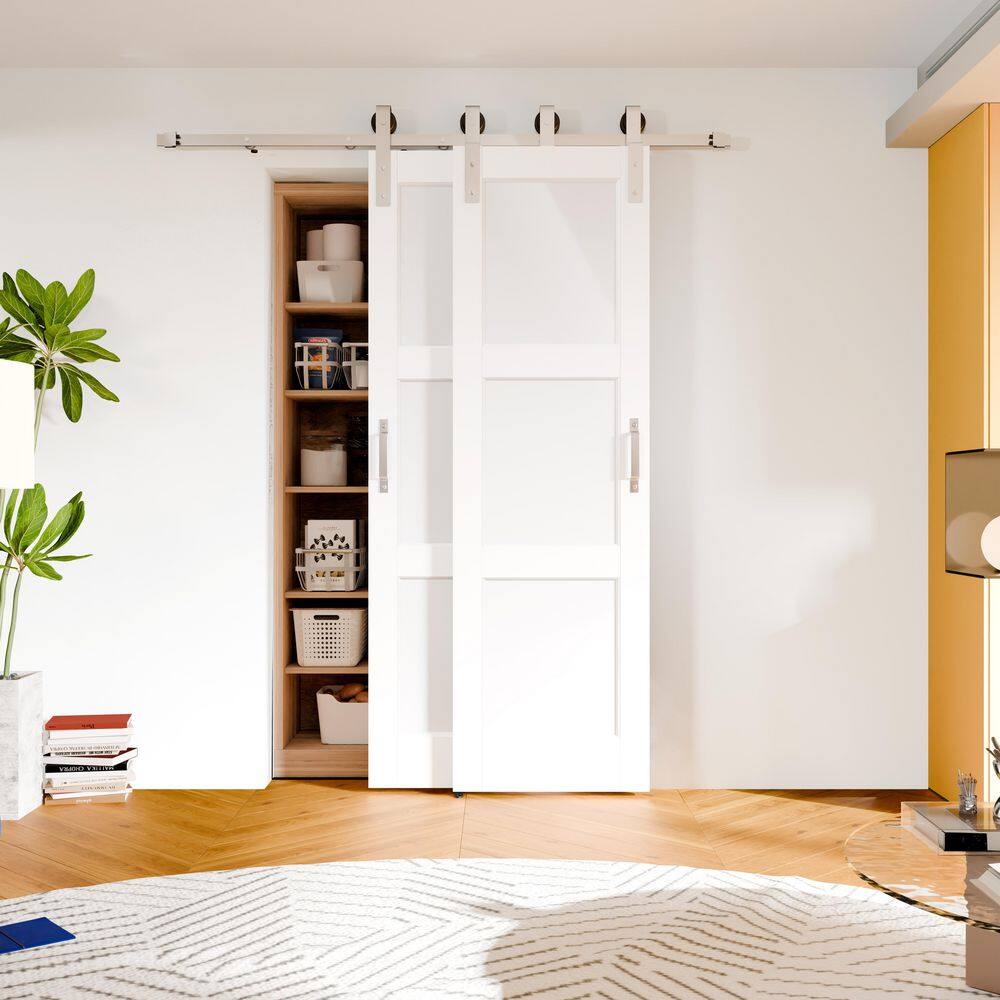 TENONER White MDF 3 Panel Bypass Barn Door for  Bedroom, Living Room,Laundry