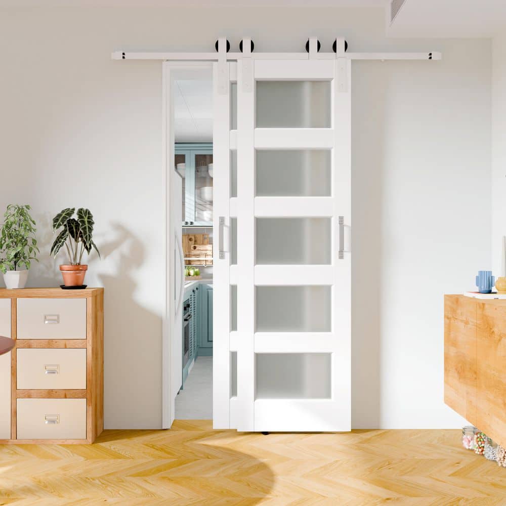 TENONER White MDF 5-Lite Frosted Glass Double Bypass Barn Door for Bedroom, Living Room,Laundry