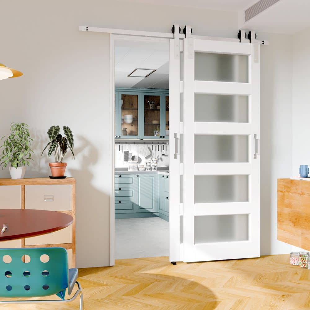 TENONER White MDF 5-Lite Frosted Glass Double Bypass Barn Door for Bedroom, Living Room,Laundry