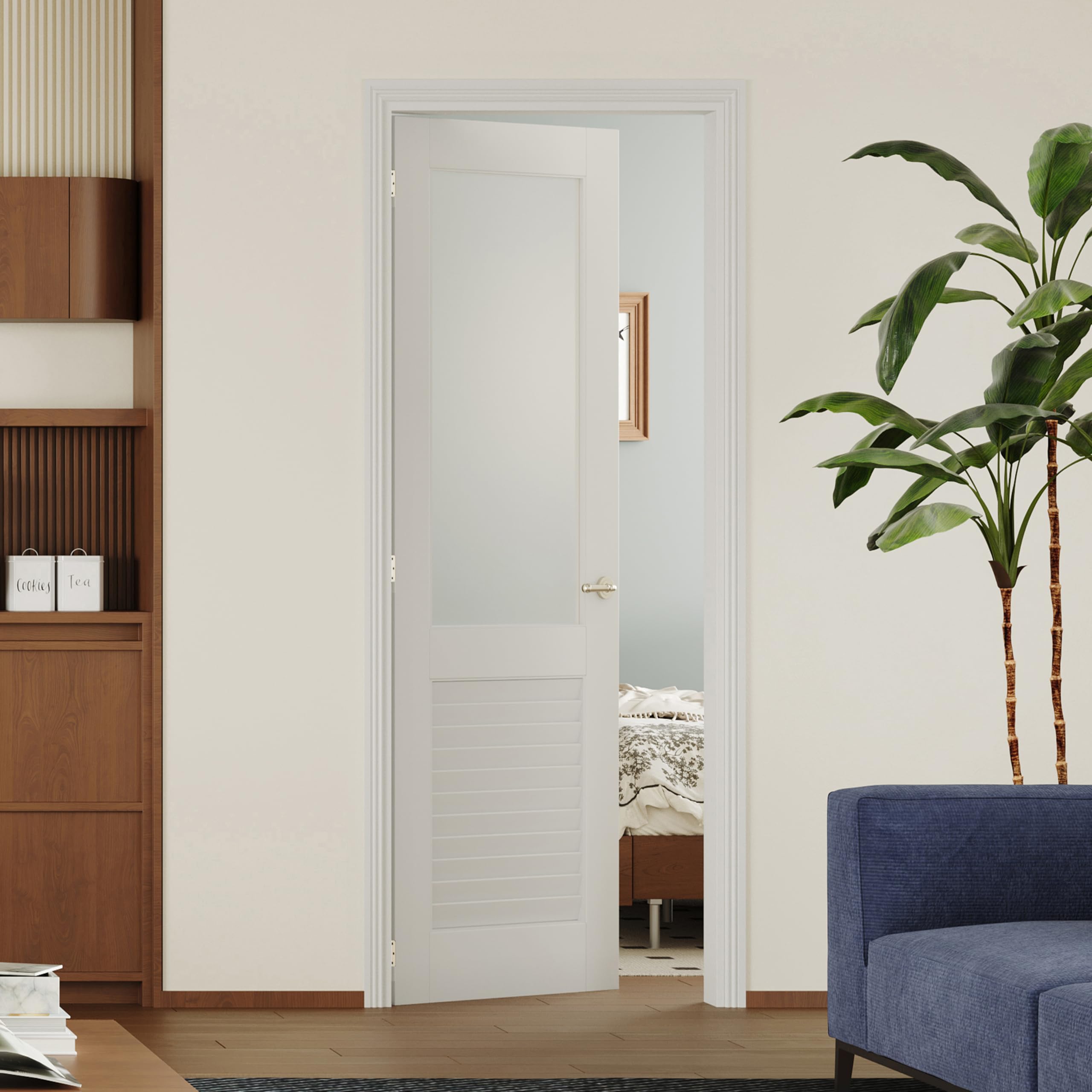 TENONER White MDF Frosted Glass Over Louver Interior Slab Door