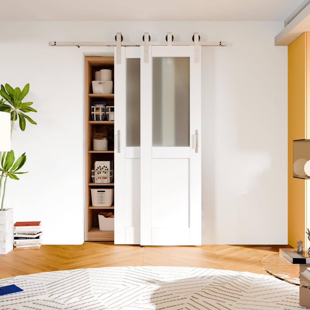TENONER White MDF Upper Half Frosted Glass, Lower Half Core Double Bypass Barn Door