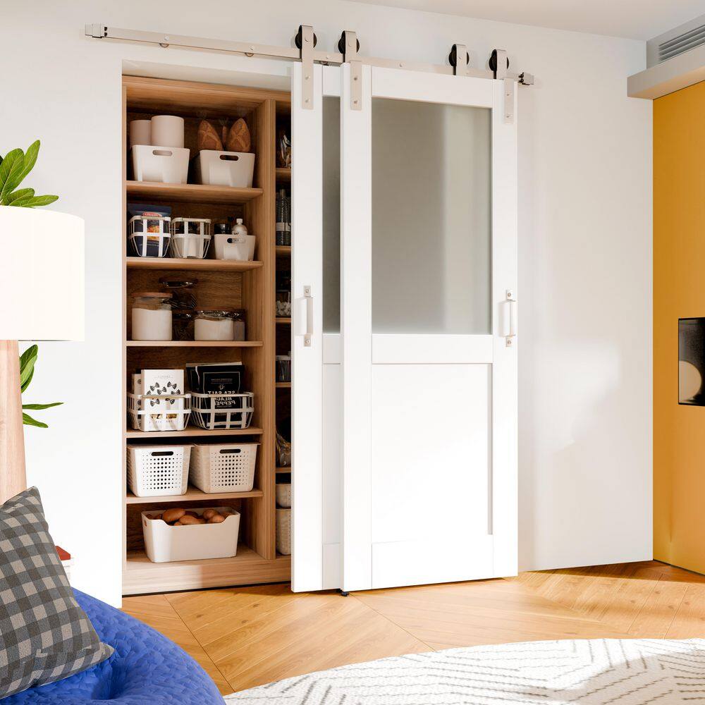 TENONER White MDF Upper Half Frosted Glass, Lower Half Core Double Bypass Barn Door