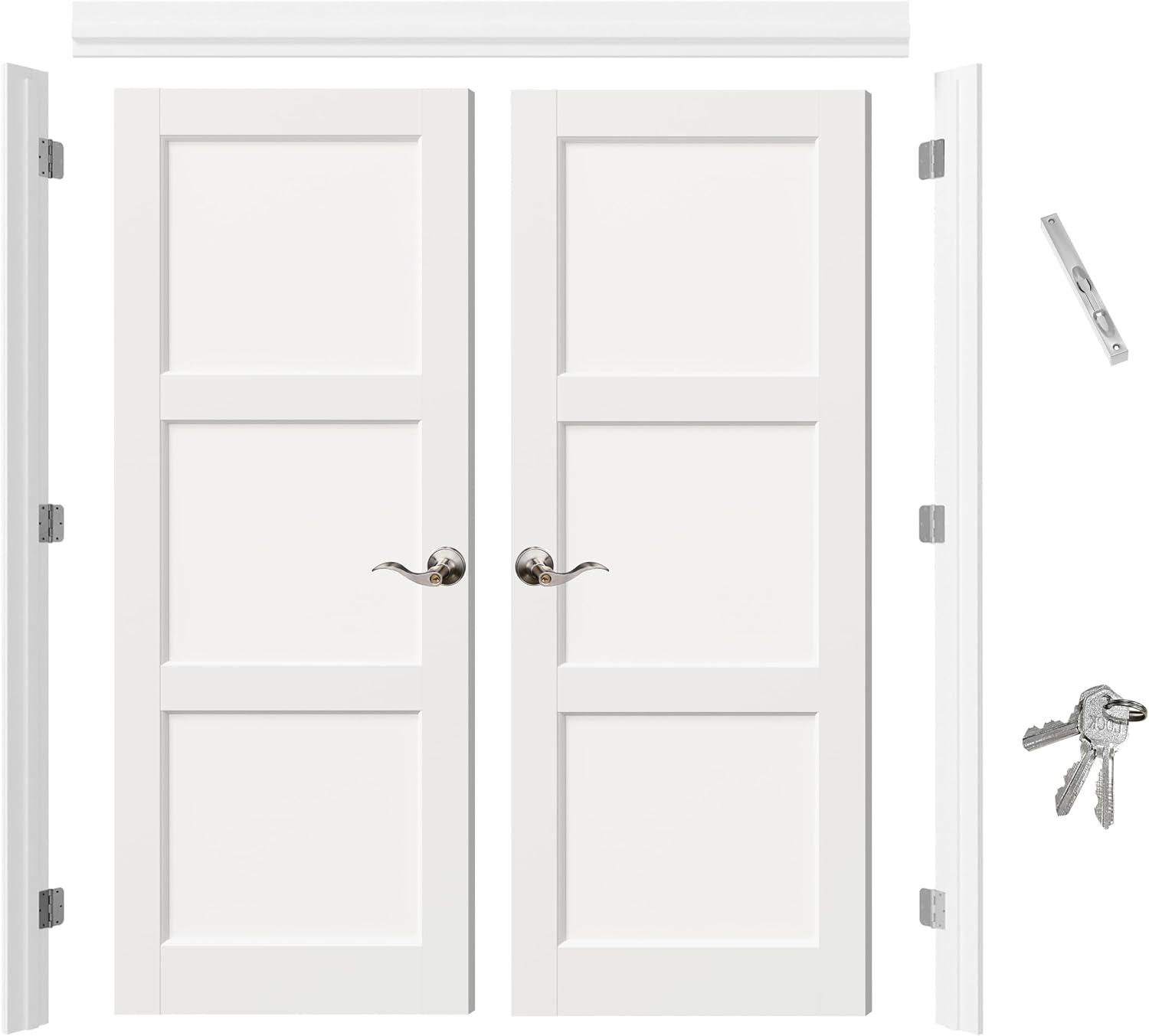 TENONER White Pre-Hung Double Door Jamb Frame Kit Including Latches And Door Handles