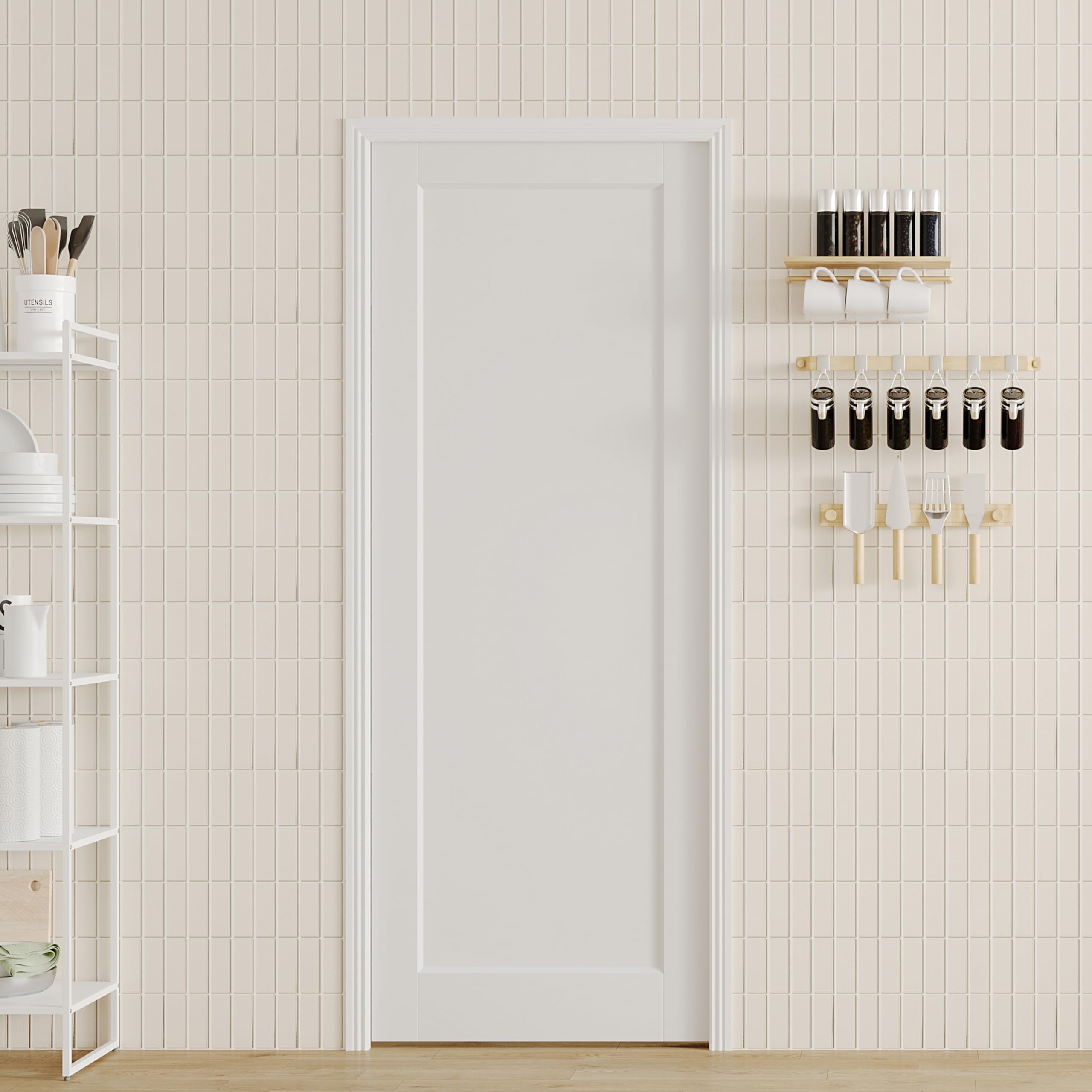 TENONER White Primed 1-Panel Core Sliding Pocket Door with Hardware Kit