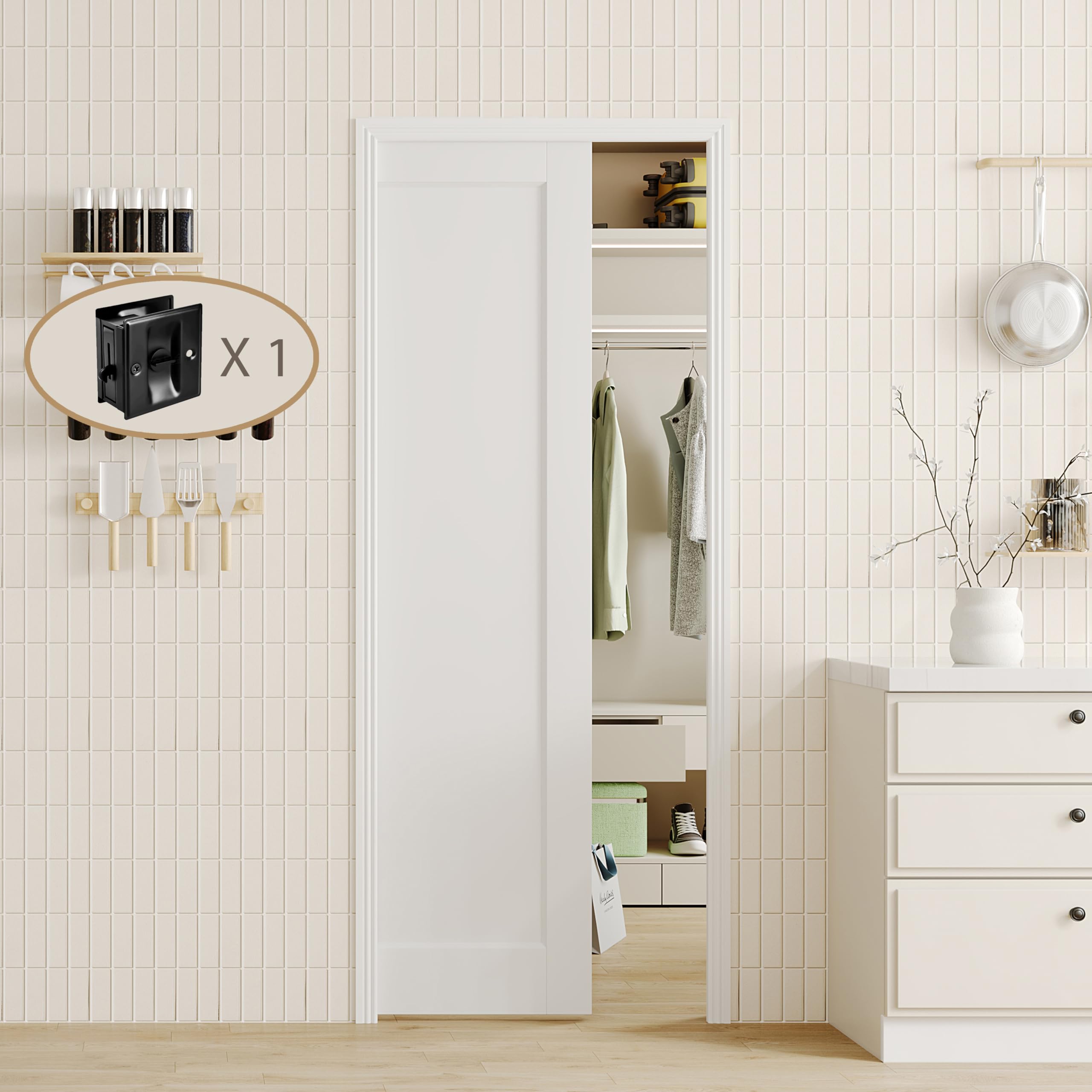 TENONER White Primed 1-Panel Core Sliding Pocket Door with Hardware Kit