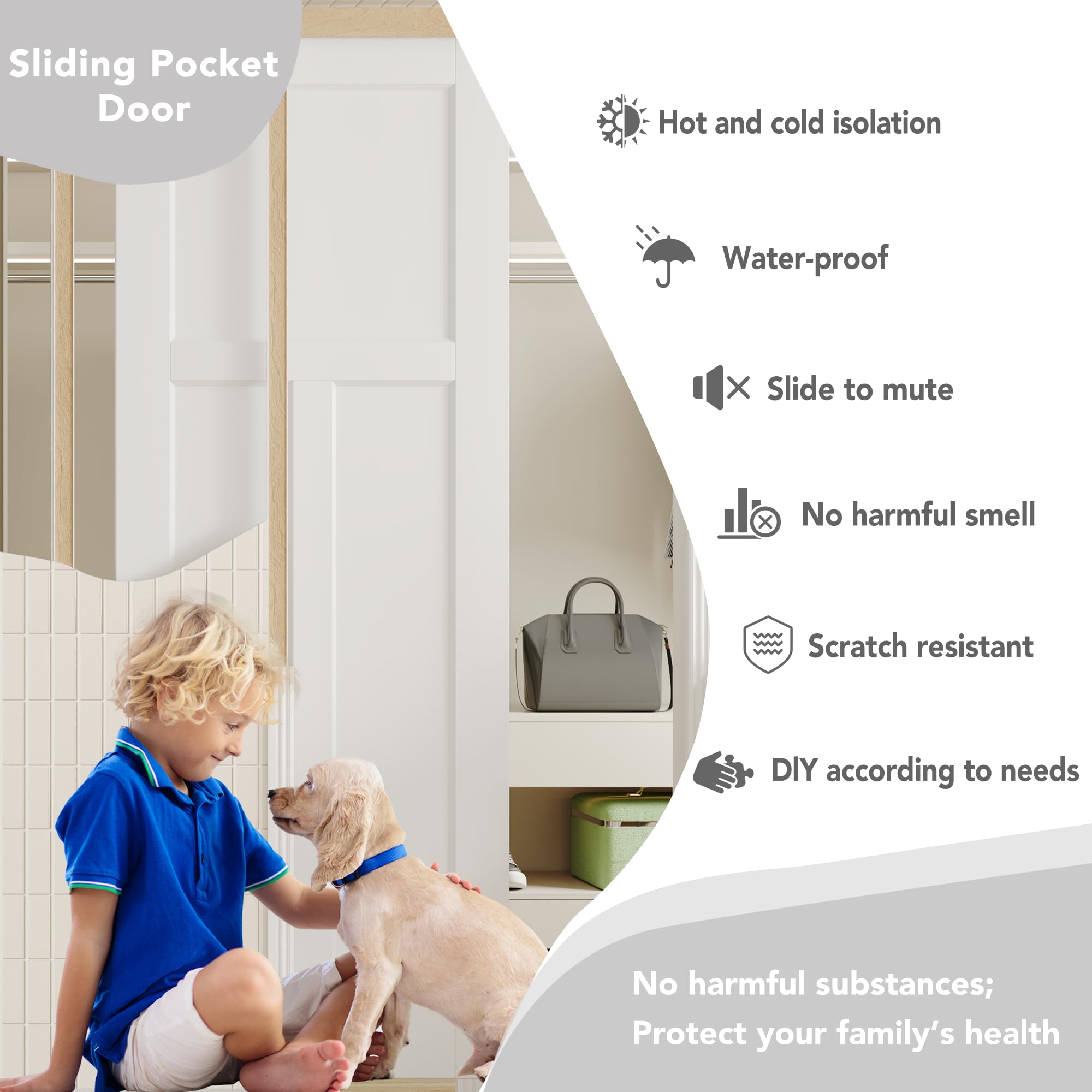 TENONER White Primed 1-Panel Core Sliding Pocket Door with Hardware Kit