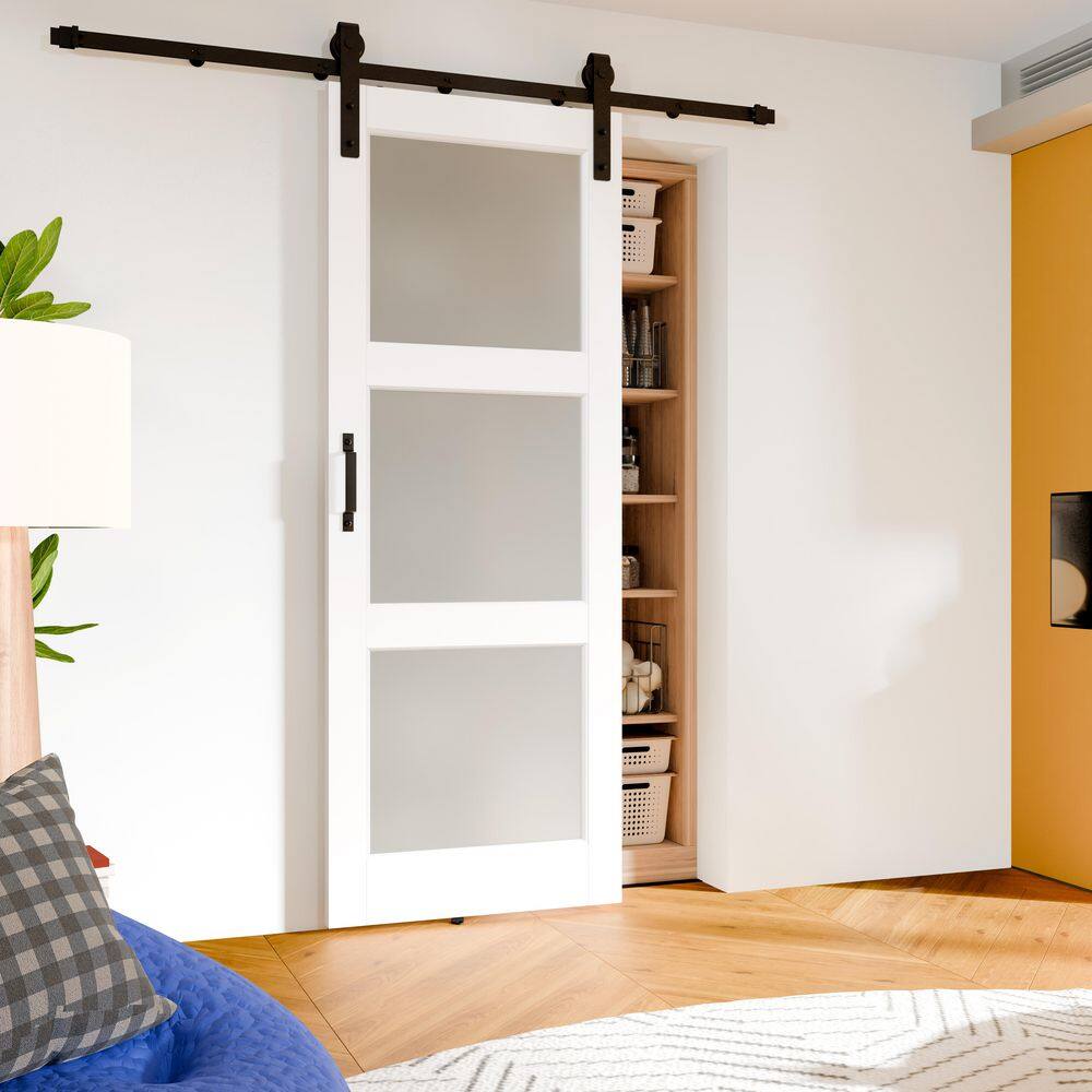 TENONER White Primed 3-Lite Frosted Glass Interior Sliding Barn Door with Hardware Kit