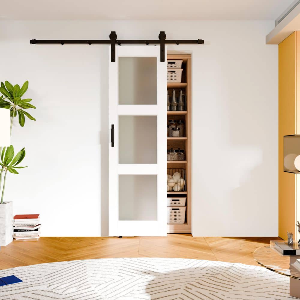 TENONER White Primed 3-Lite Frosted Glass Interior Sliding Barn Door with Hardware Kit
