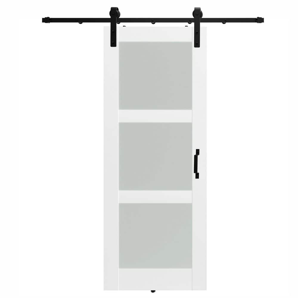 TENONER White Primed 3-Lite Frosted Glass Interior Sliding Barn Door with Hardware Kit