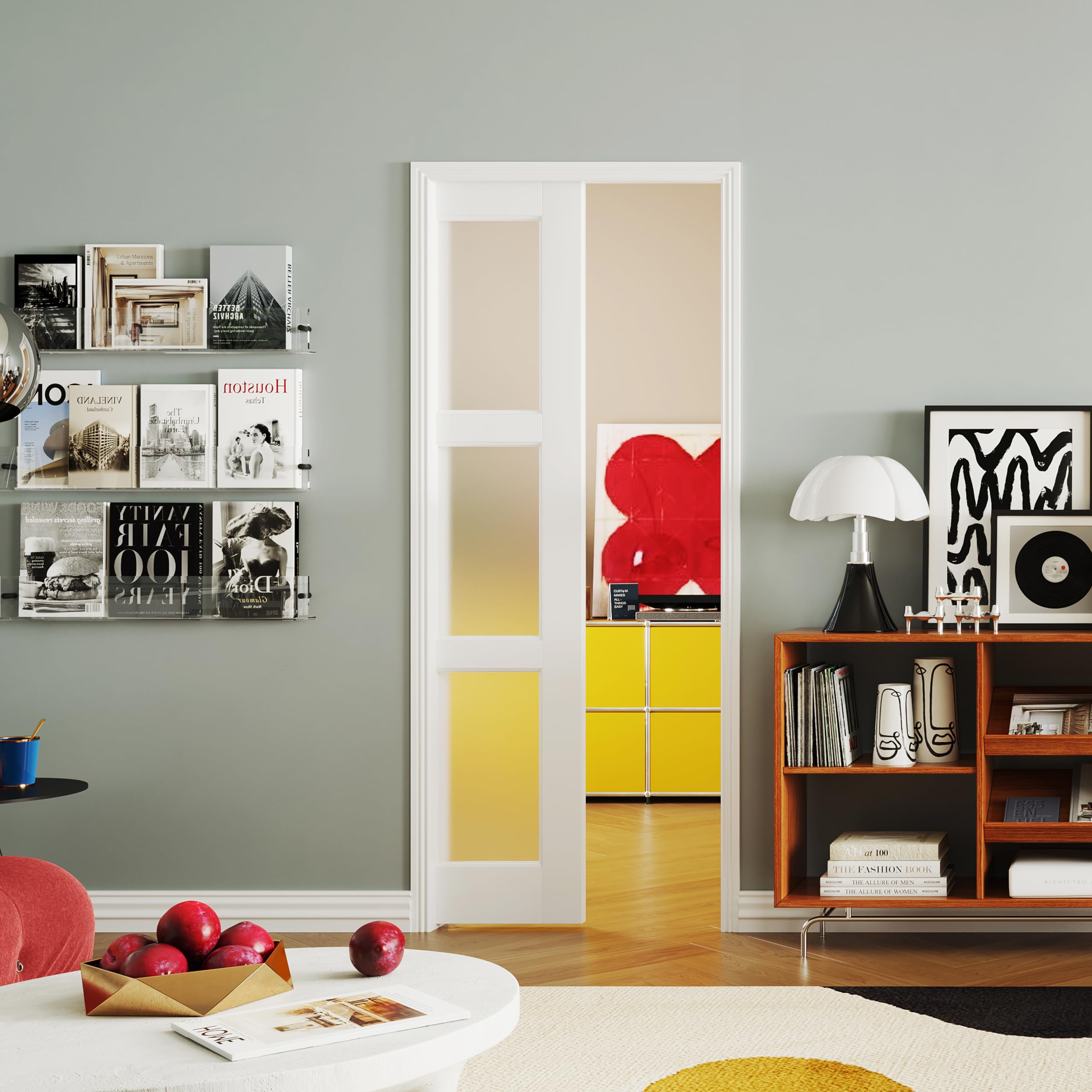 TENONER White Primed 3-Lite Frosted Glass Interior Sliding Pocket Door with Hardware Kit