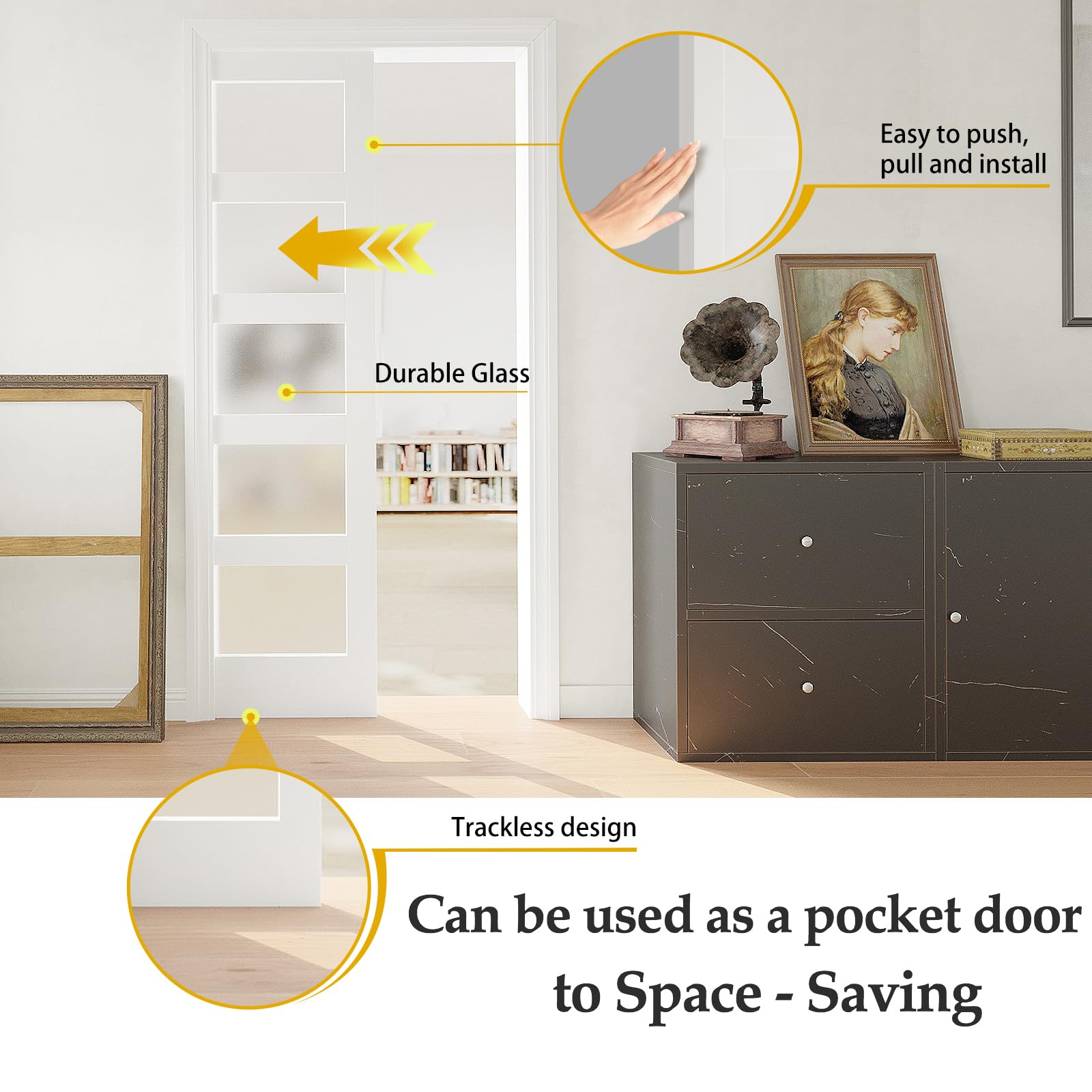 TENONER White Primed 3-Lite Frosted Glass Interior Sliding Pocket Door with Hardware Kit