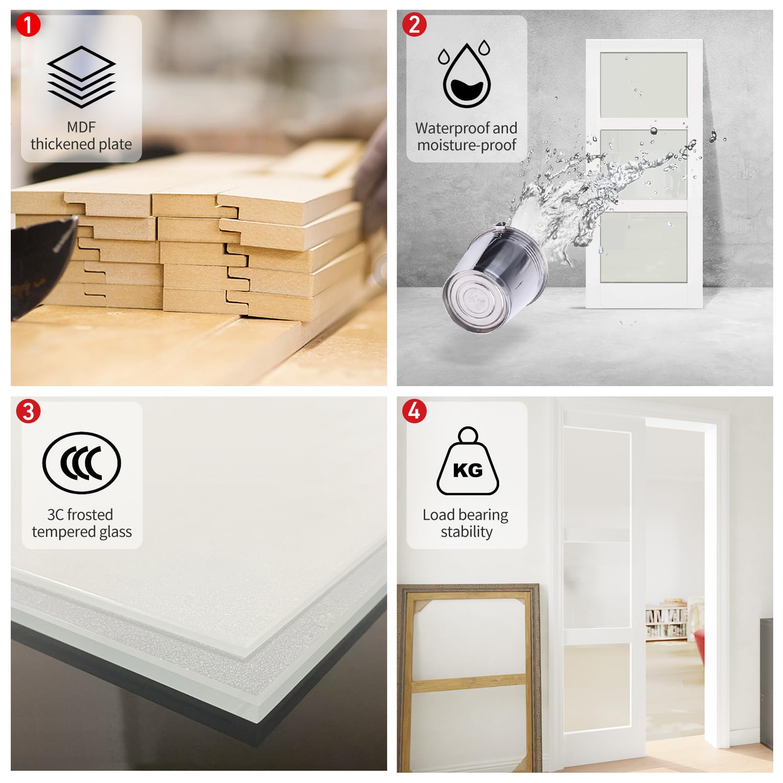 TENONER White Primed 3-Lite Frosted Glass Interior Sliding Pocket Door with Hardware Kit