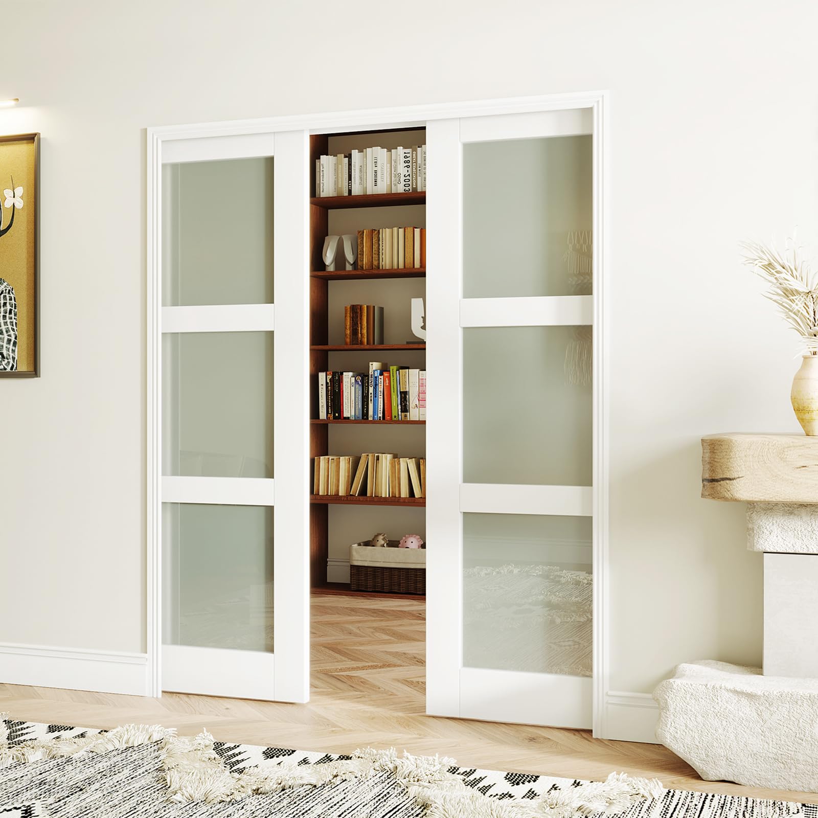 TENONER White Primed 3-Lite Frosted Glass Interior Sliding Pocket Door with Hardware Kit