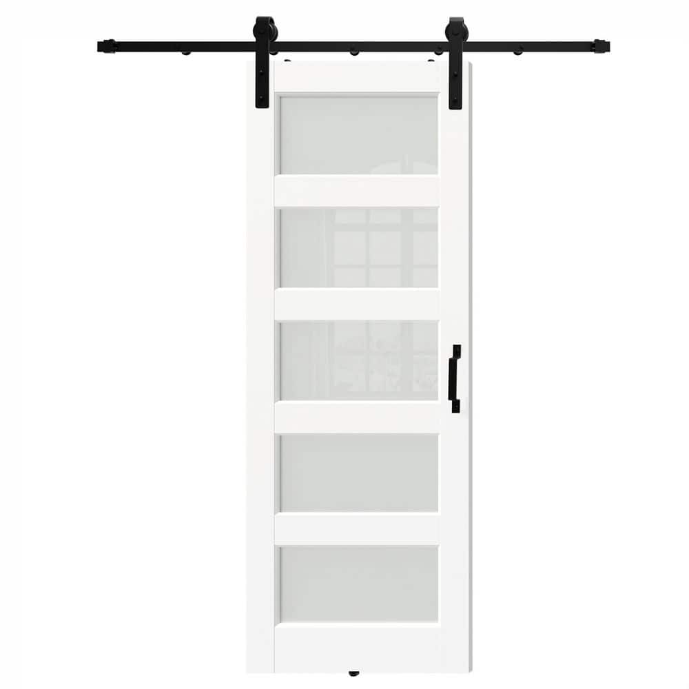TENONER White Primed 5-Lite Frosted Glass Solid Core Sliding Barn Door