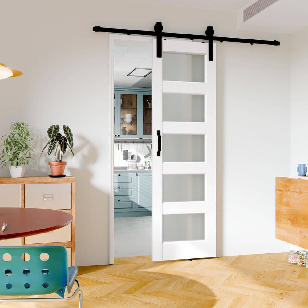TENONER White Primed 5-Lite Frosted Glass Solid Core Sliding Barn Door