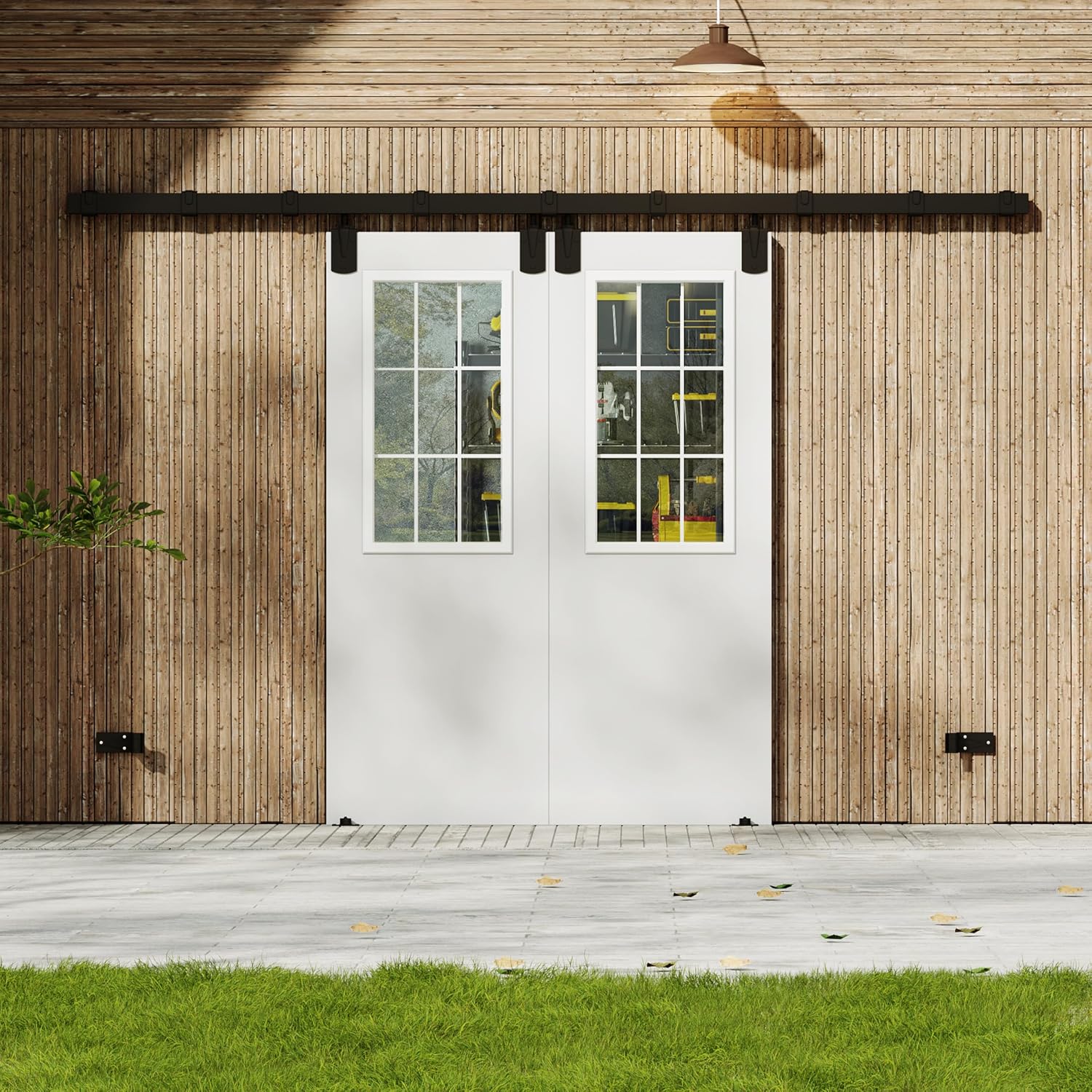 TENONER White Primed 9-Lite Clear Glass Exterior Sliding Barn Door without Pet Door, Ideal for Entrance, Durable Construction, No Hinges or Handles Included