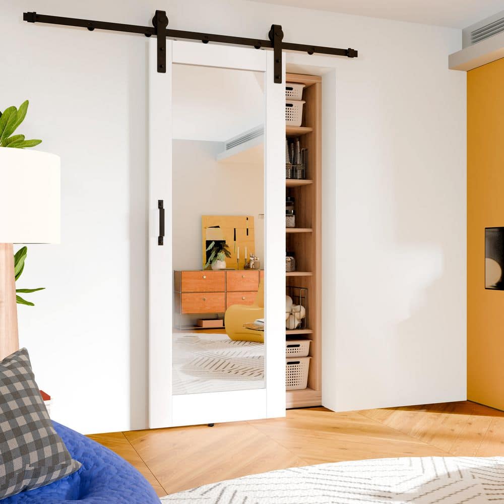 TENONER White Primed Border 1-Lite Mirror Interior Sliding Barn Door
