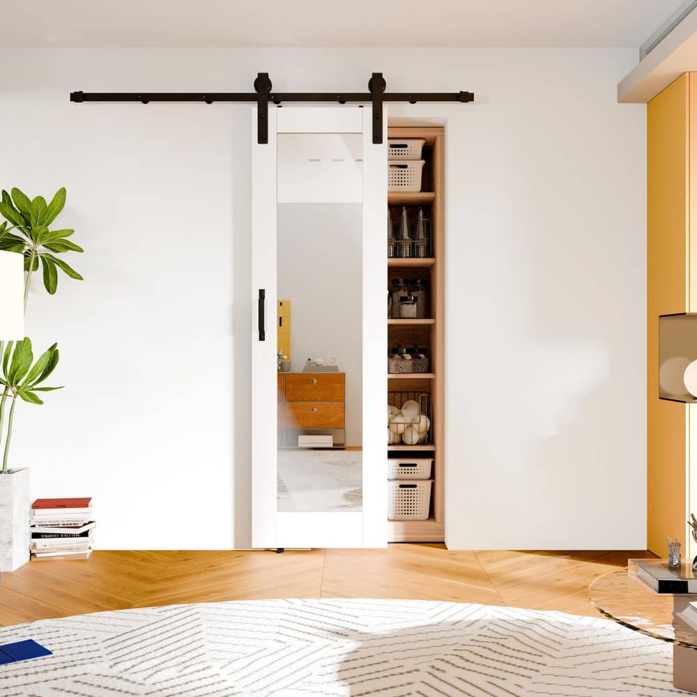 TENONER White Primed Border 1-Lite Mirror Interior Sliding Barn Door