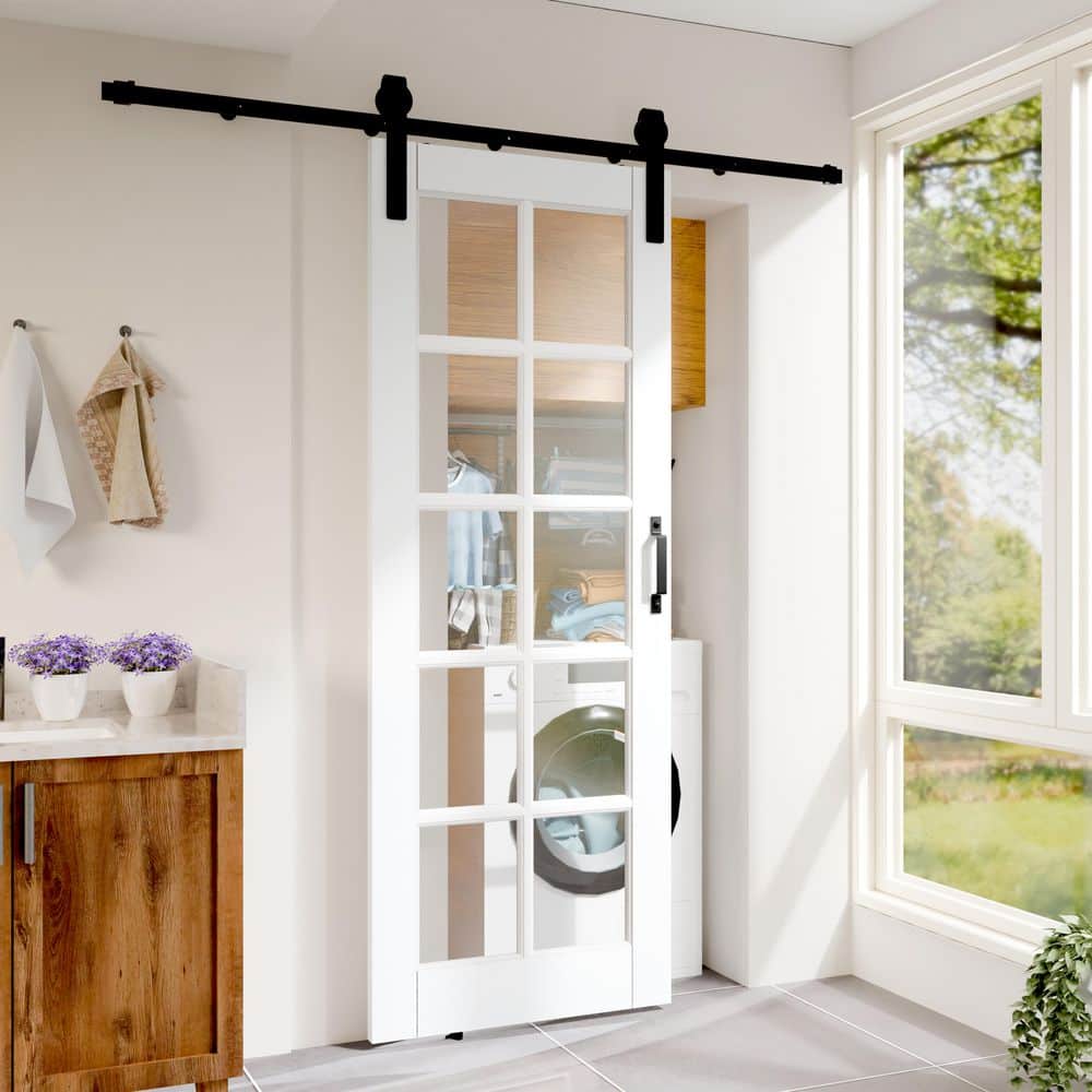 TENONER White Primed Finished MDF 10-Lite Clear Glass Sliding Barn Door Slab for Living Room, Bedroom, Hallway