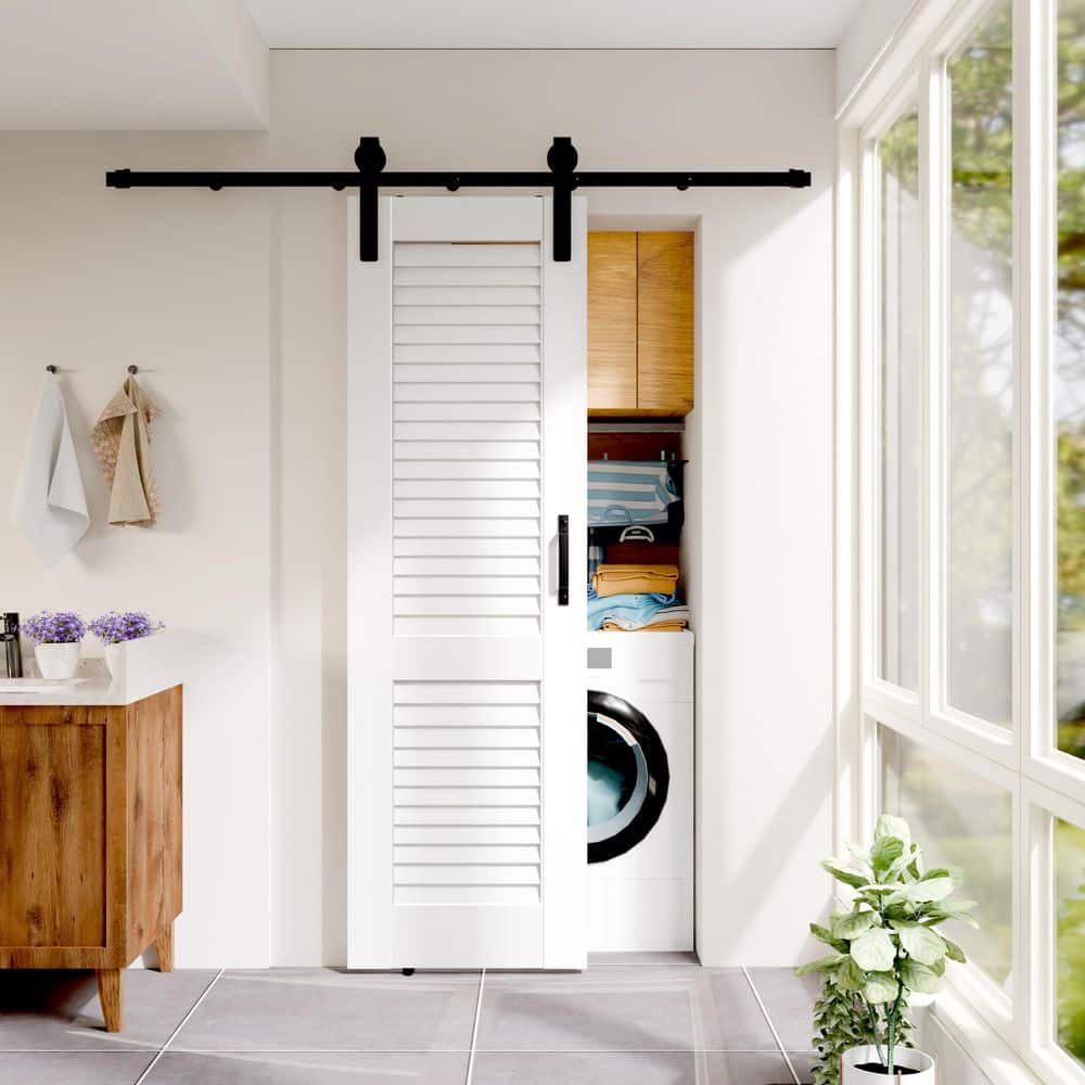 TENONER White Primed MDF Louvered Sliding Barn Door for Living Room, Bedroom, Hallway