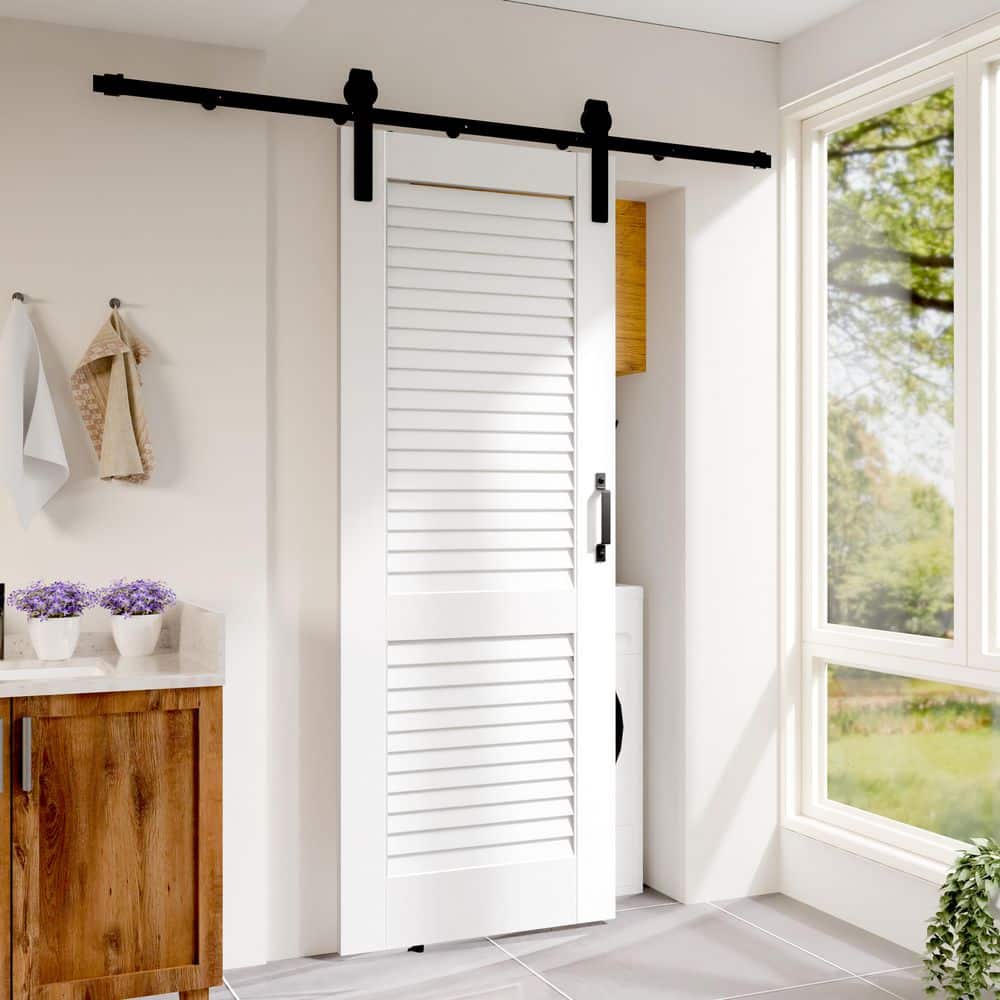 TENONER White Primed MDF Louvered Sliding Barn Door for Living Room, Bedroom, Hallway