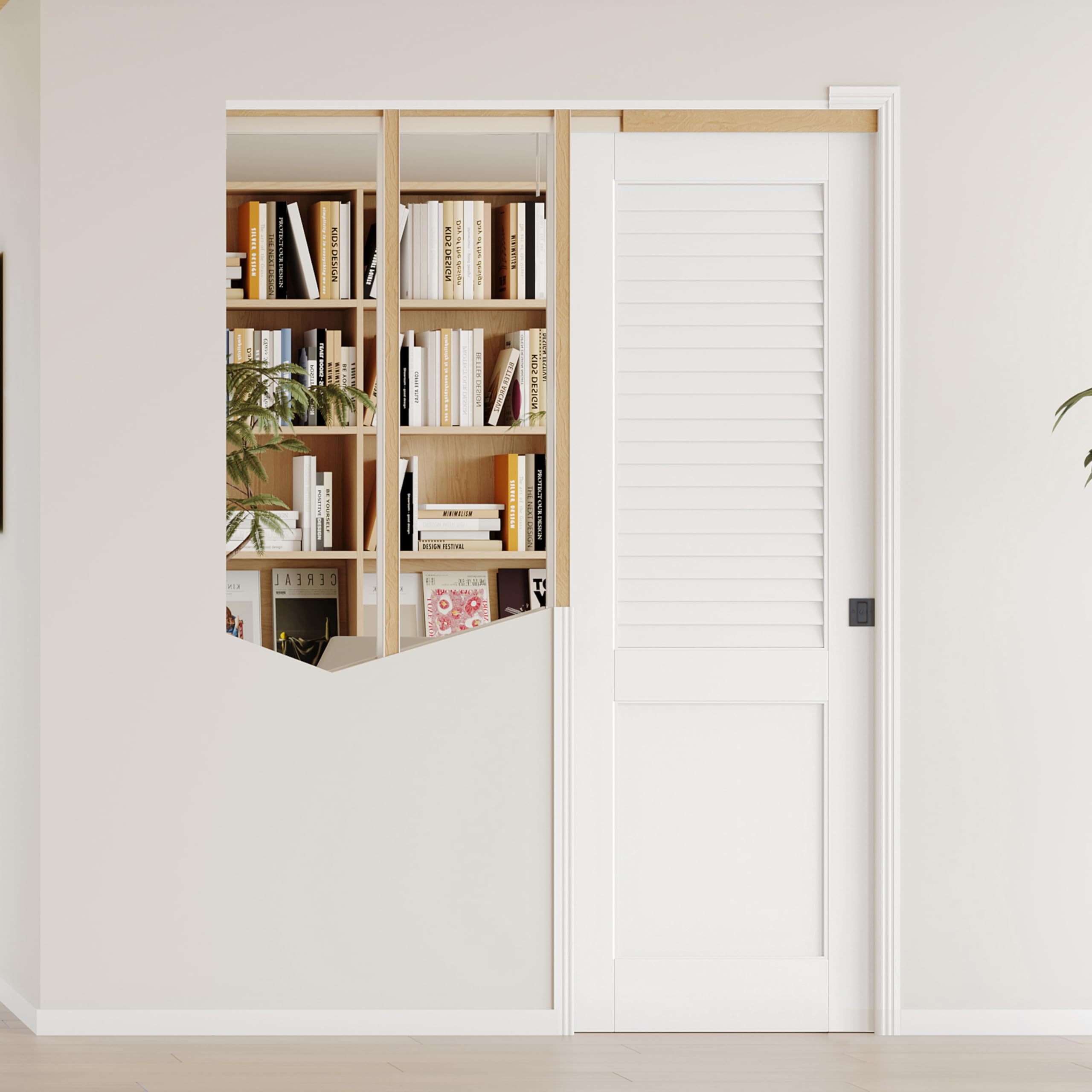 TENONER White Upper Half-Panel Louvered and Lower Half Core Interior Sliding Pocket Door