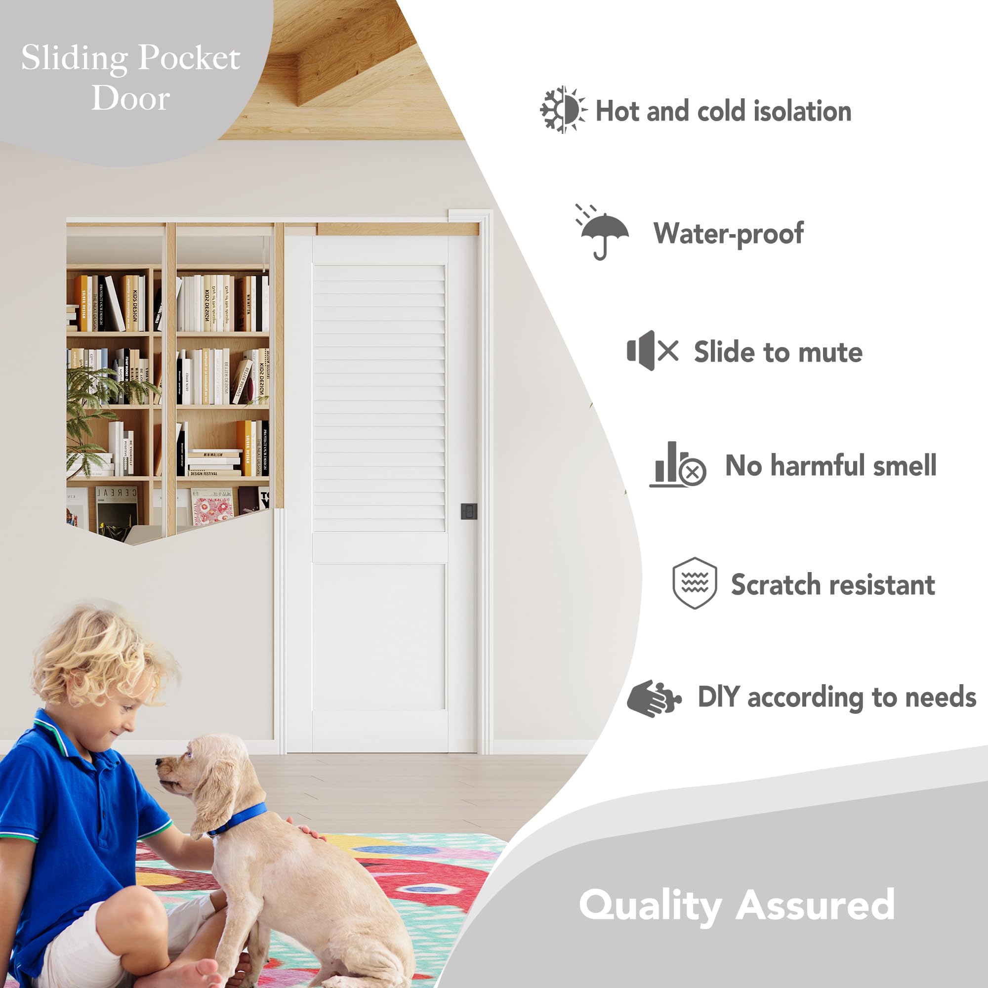 TENONER White Upper Half-Panel Louvered and Lower Half Core Interior Sliding Pocket Door