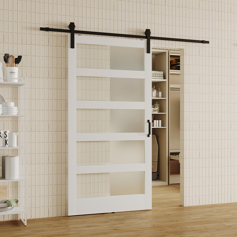 TENONER White 5-Panel Frosted Glass Sliding Barn Door | Solid Wood and MDF Door Panel, Waterproof PVC Surface