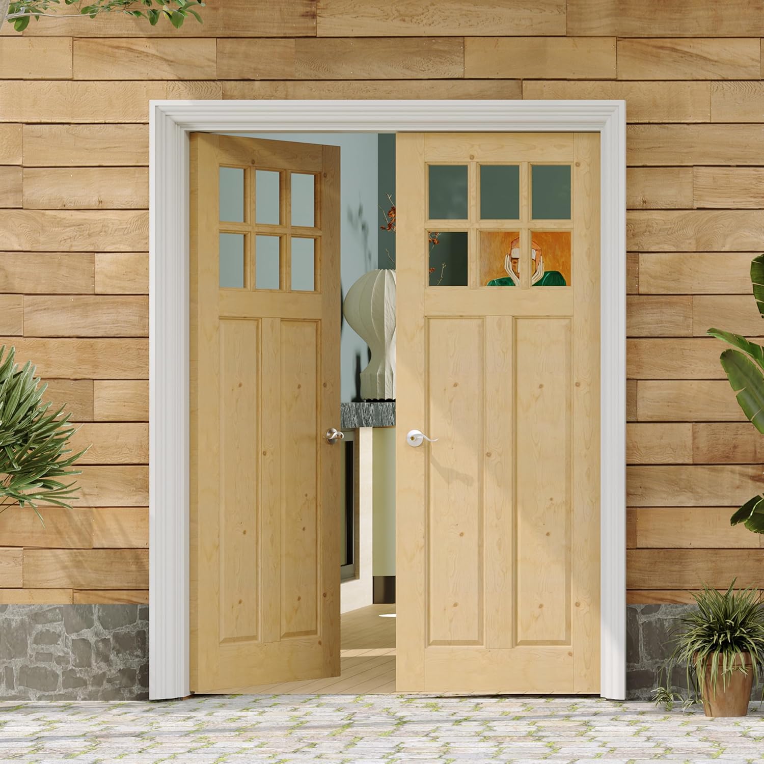 TENONER 6-Light Clear Glass Pine Wood Waterproof Primed Exterior Front Entry Doors