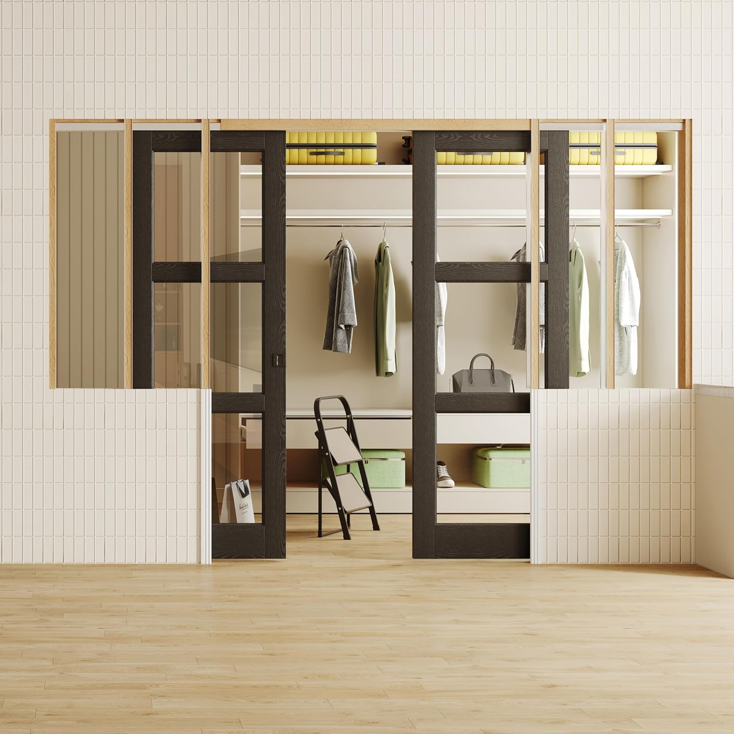 TENONER Black 3-Lite Clear Tempered Glass Sliding Pocket Door with Hardware Kit & Soft Close