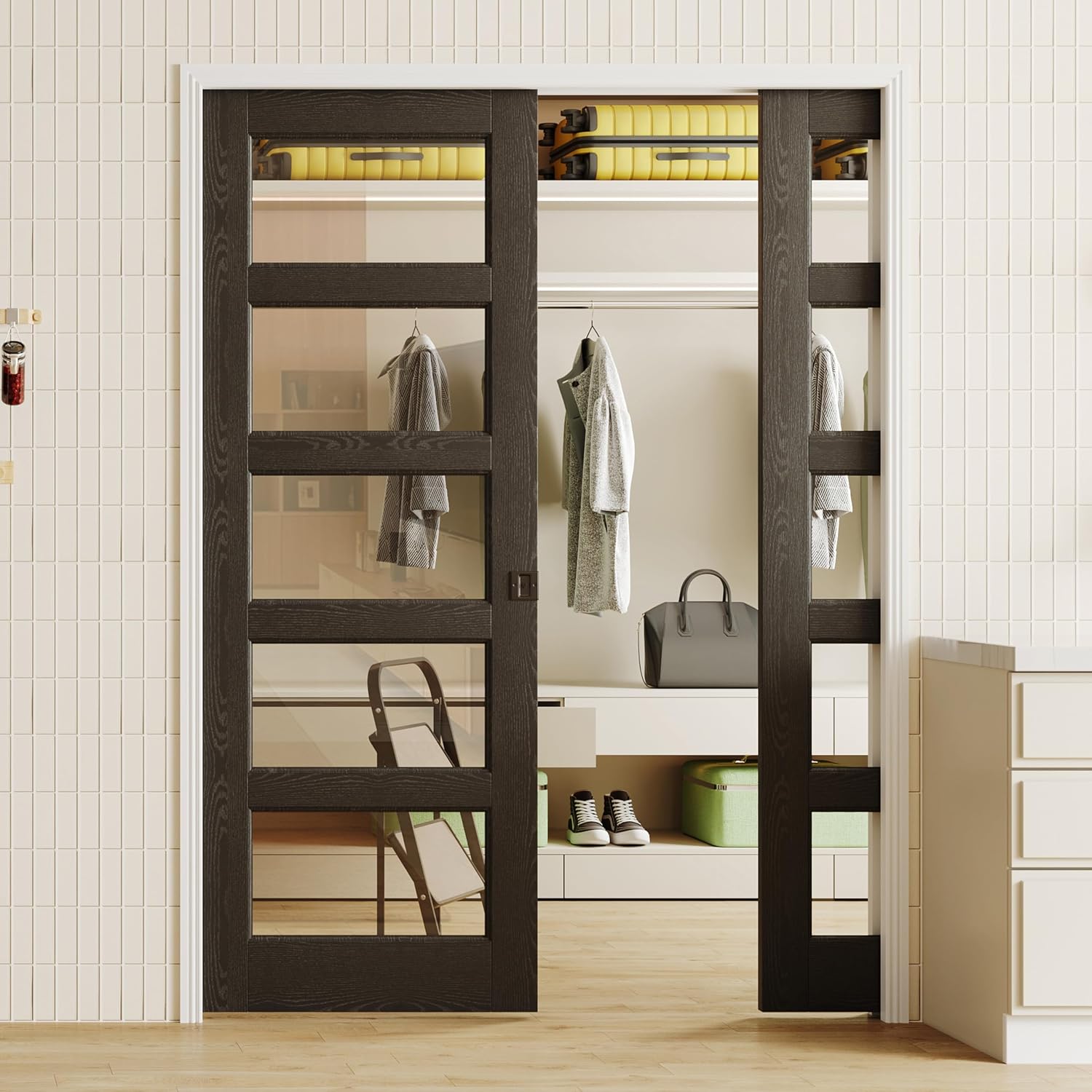 TENONER Black 5-Lite Clear Tempered Glass Pocket Door with Accessories