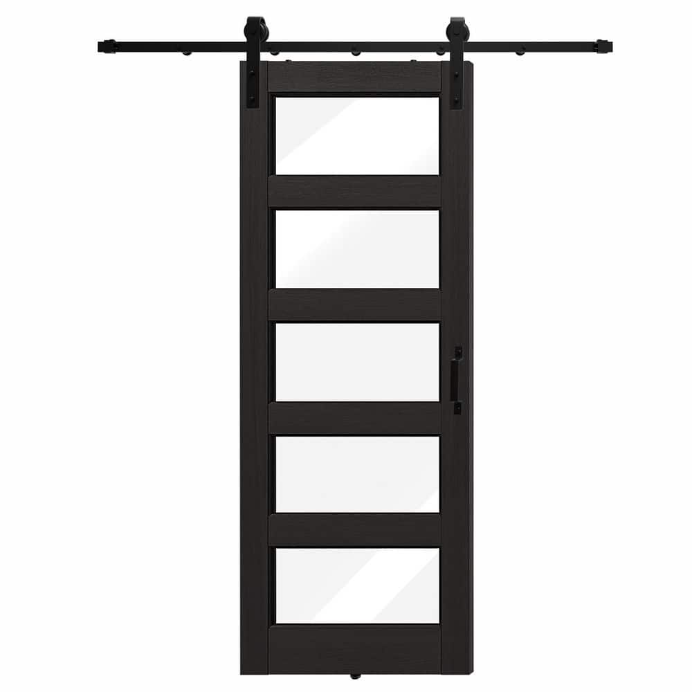 TENONER Black 5-Lite Clear Tempered Glass Sliding Barn Door with Accessories