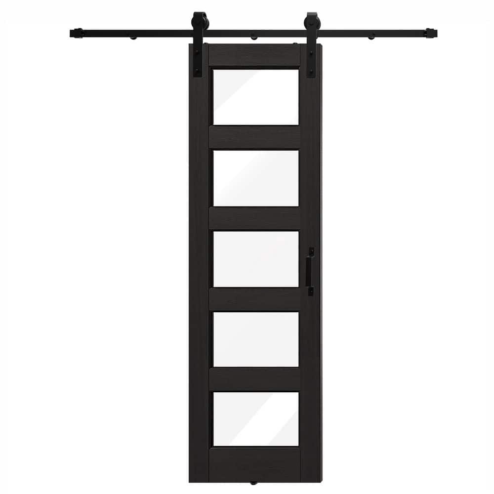 TENONER Black 5-Lite Clear Tempered Glass Sliding Barn Door with Accessories