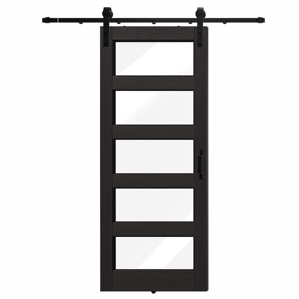 TENONER Black 5-Lite Clear Tempered Glass Sliding Barn Door with Accessories