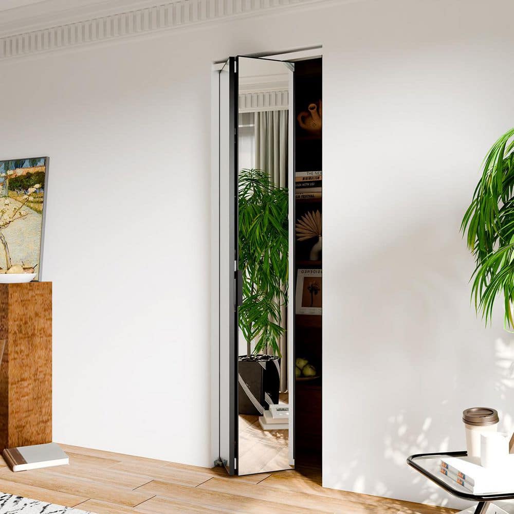 TENONER Black Aluminum Frame Mirrored Glass Bi-Fold Interior Door for Closet, Bedroom, Laundry Room - Brightening Effect, Perfect for Dressing Design with Hardware Kits
