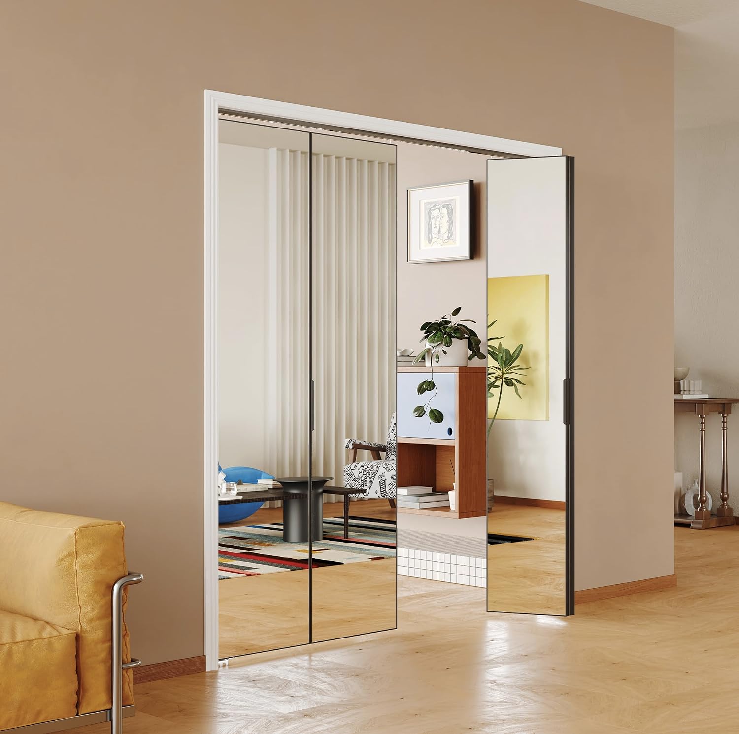 TENONER Black Aluminum Frame Mirrored Glass Bi-Fold Interior Door for Closet, Bedroom, Laundry Room - Brightening Effect, Perfect for Dressing Design with Hardware Kits