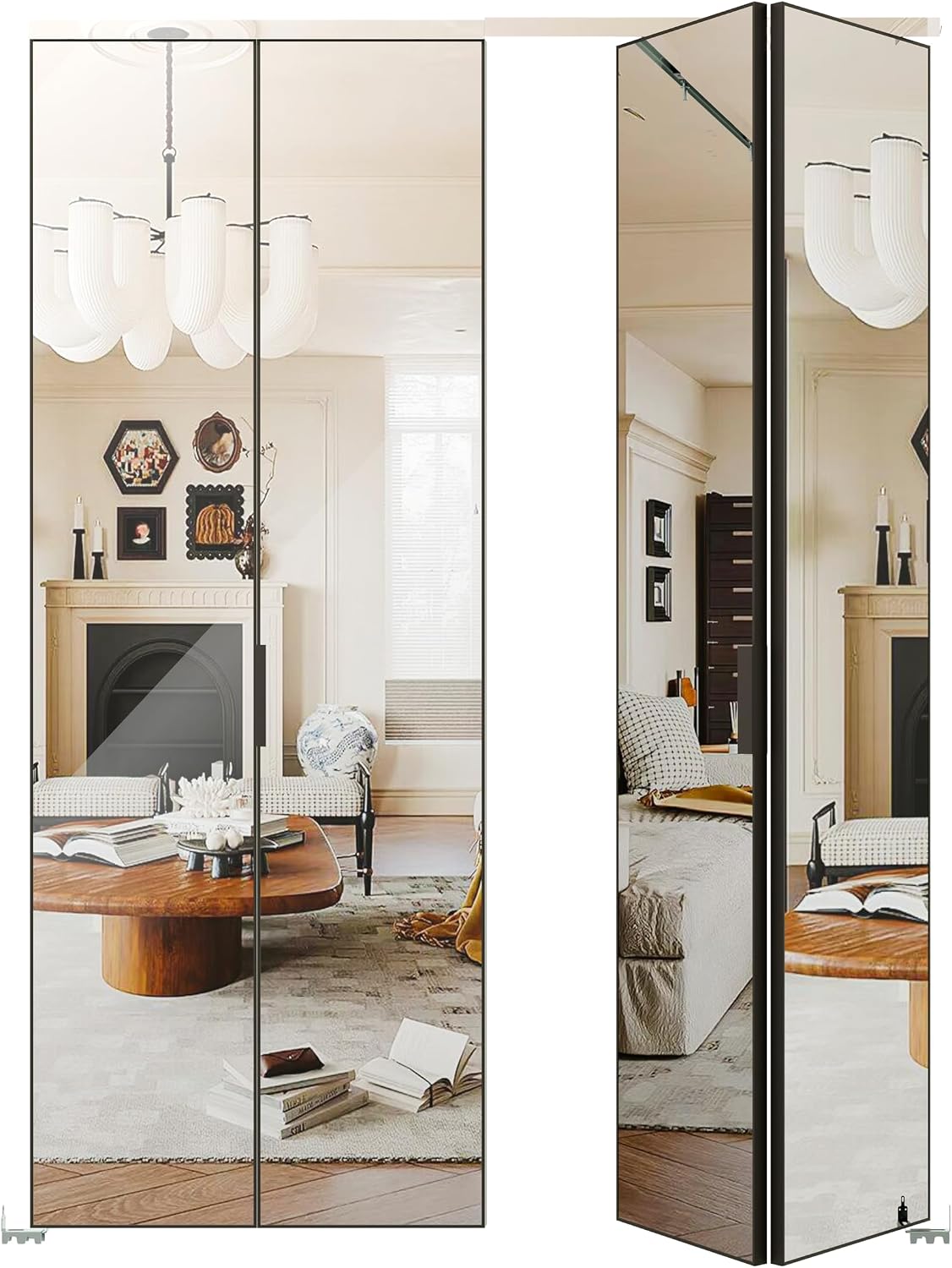 TENONER Black Aluminum Frame Mirrored Glass Bi-Fold Interior Door for Closet, Bedroom, Laundry Room - Brightening Effect, Perfect for Dressing Design with Hardware Kits