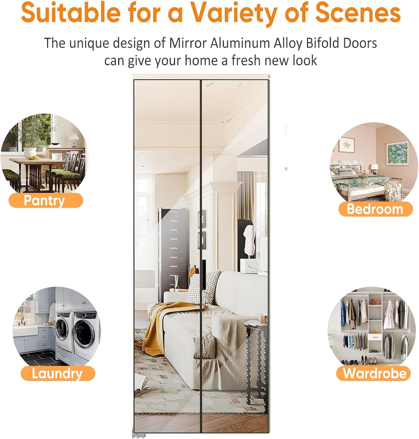TENONER Black Aluminum Frame Mirrored Glass Bi-Fold Interior Door for Closet, Bedroom, Laundry Room - Brightening Effect, Perfect for Dressing Design with Hardware Kits