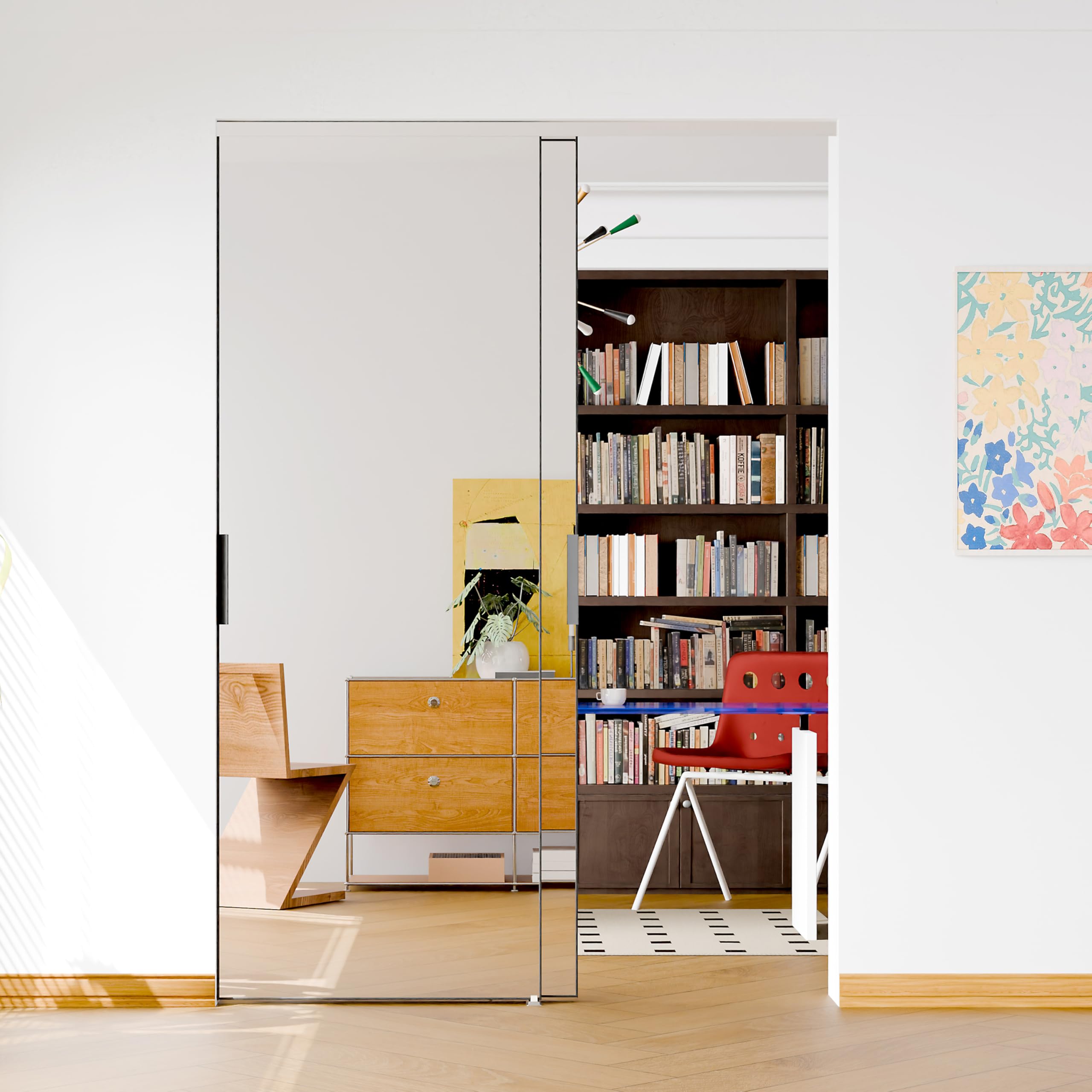 TENONER Black Aluminum Frame Mirrored Sliding Closet Door for Bedroom, Closet, and Living Room - Space-Saving, Durable