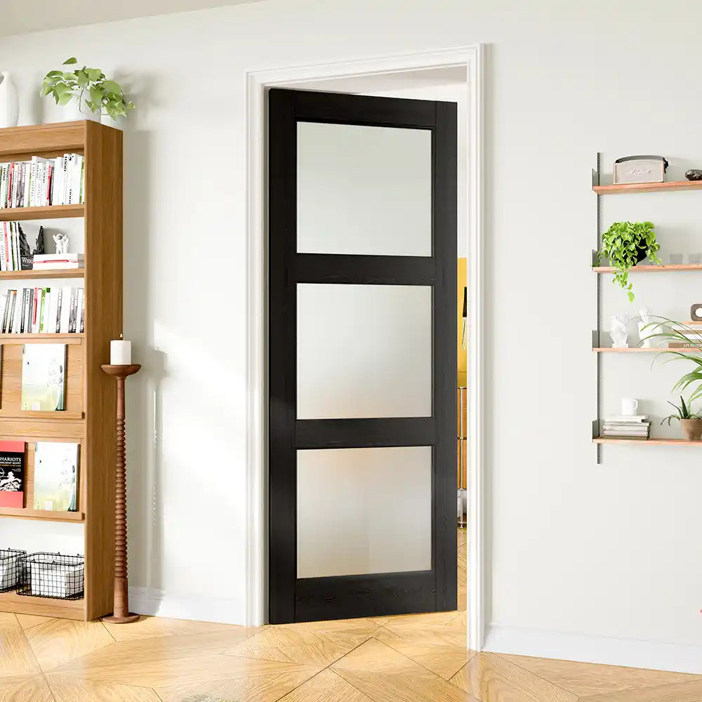 TENONER Black MDF 3-Lite Frosted Glass Interior Bedroom Door